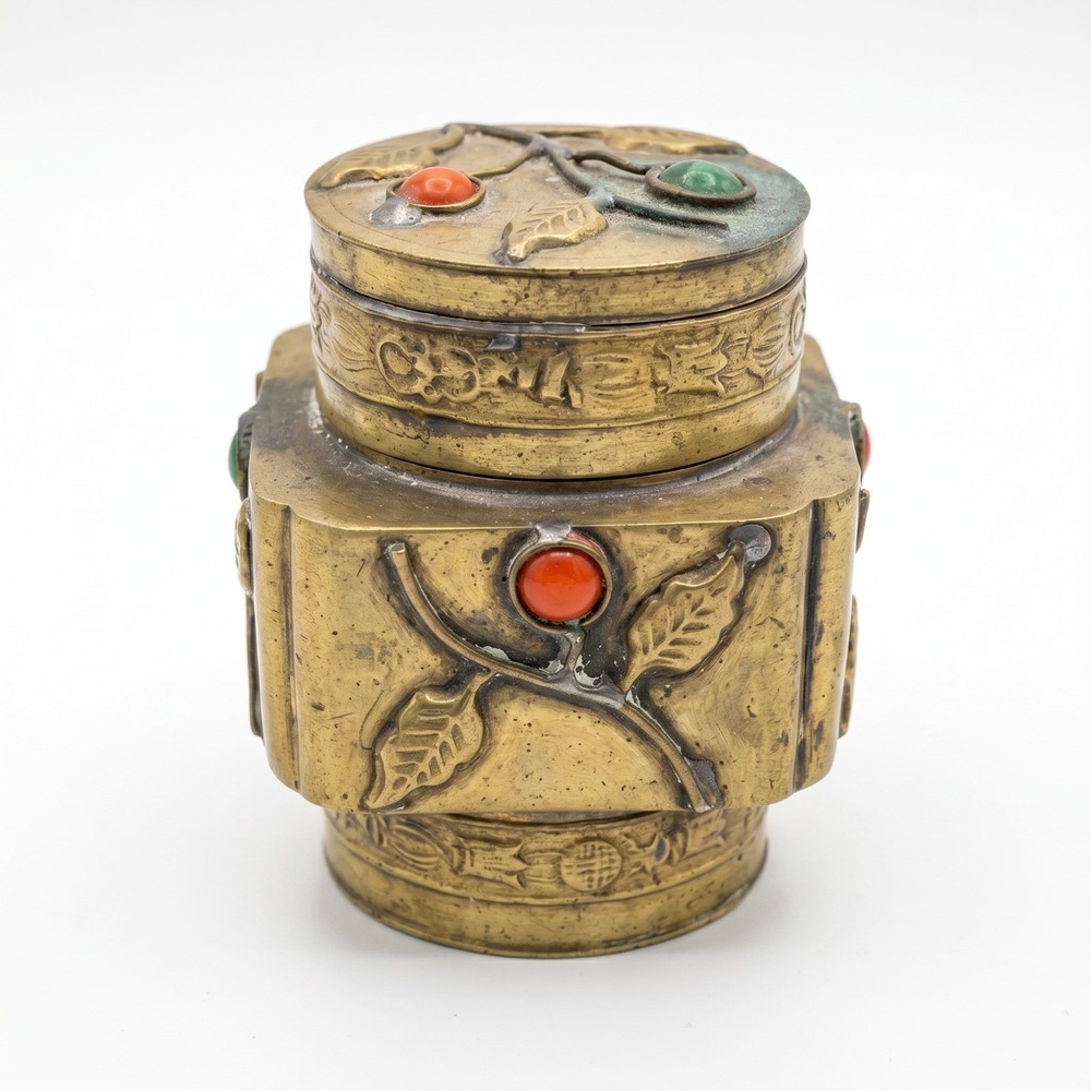 Antique Chinese Brass Snuff Box 2.5x3" Glass Jewels Red Green Blue Flowers